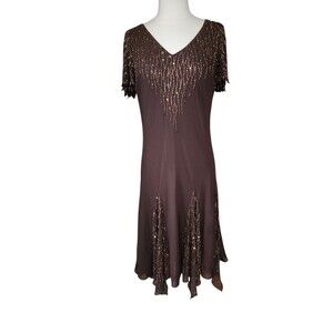 Jkara Vintage Y2K Brown Sequined Fairy Whimsygoth Midi Dress Size 16 Asymmetric